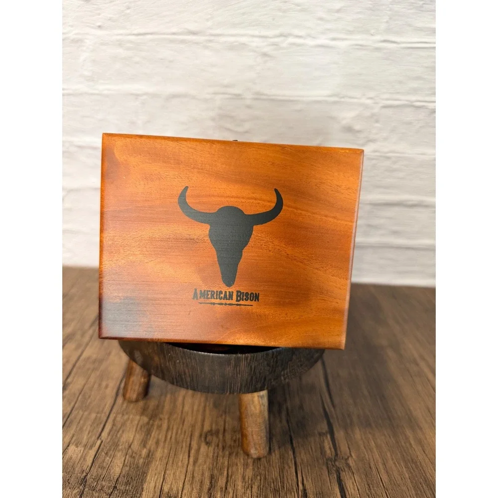 American Bison Mens Tan Leather Bifold Wallet with Wooden Gift Box Skull Logo